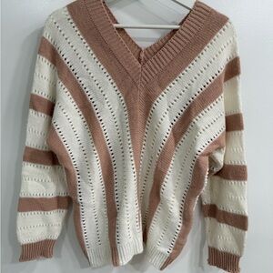 Striped V-Neck Sweater - Cream and Brown